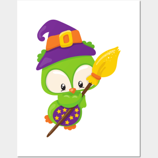 Halloween Owl, Cute Owl, Green Owl, Witch Broom Posters and Art